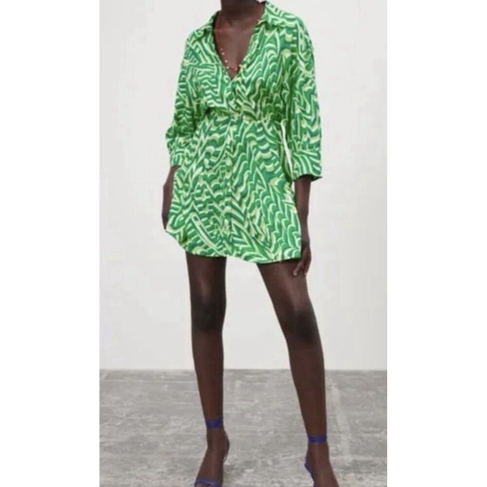 Zara Dress Minidress Green Geometric Patterned Bright 70s Abstract Sz SM NEW